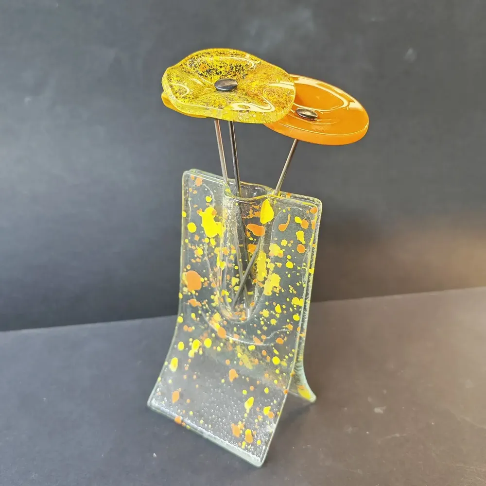 Vases - Small transparent 8x13 cm yellow-orange spotty vase with 3 small flowers - CARNEOL GLASS