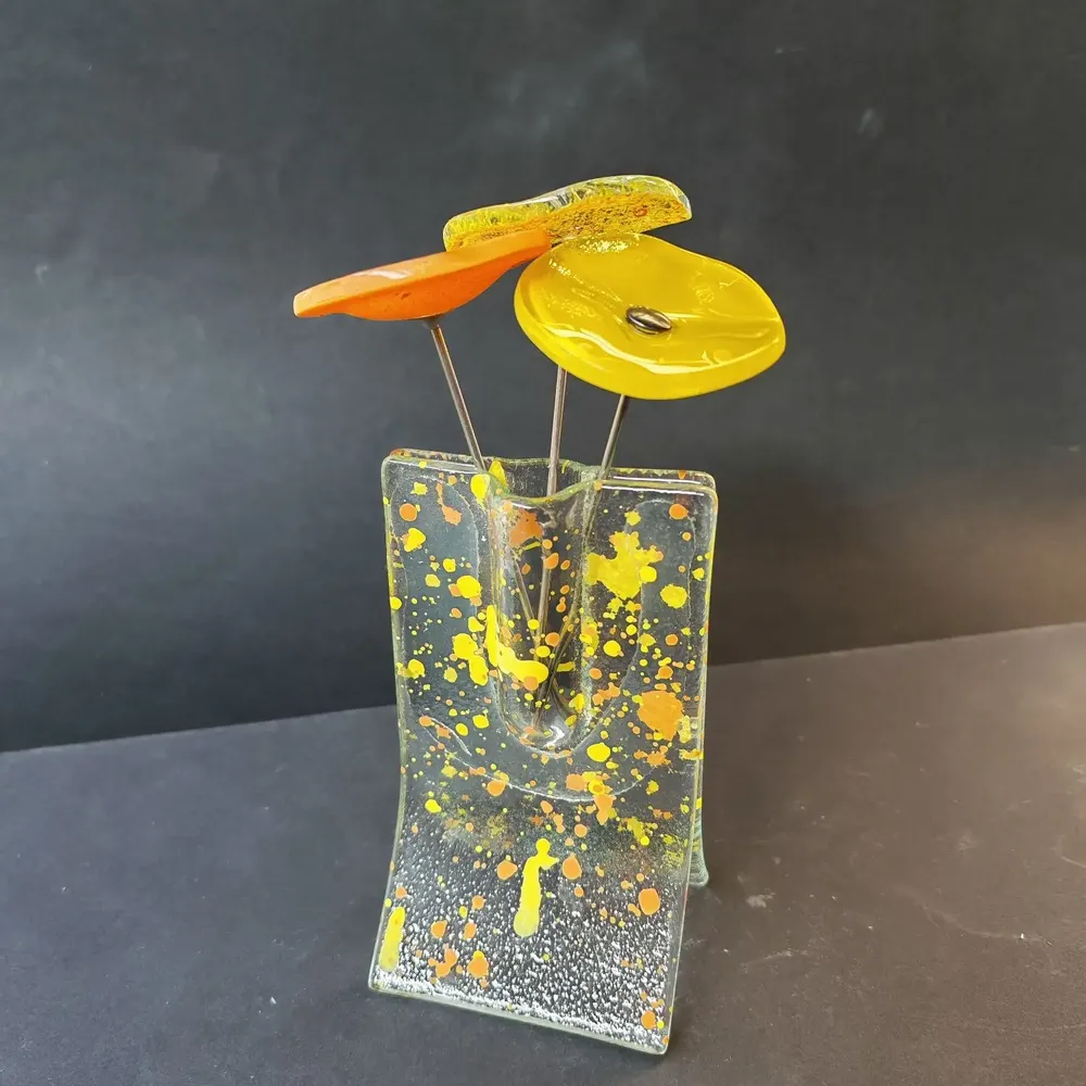 Vases - Small transparent 8x13 cm yellow-orange spotty vase with 3 small flowers - CARNEOL GLASS