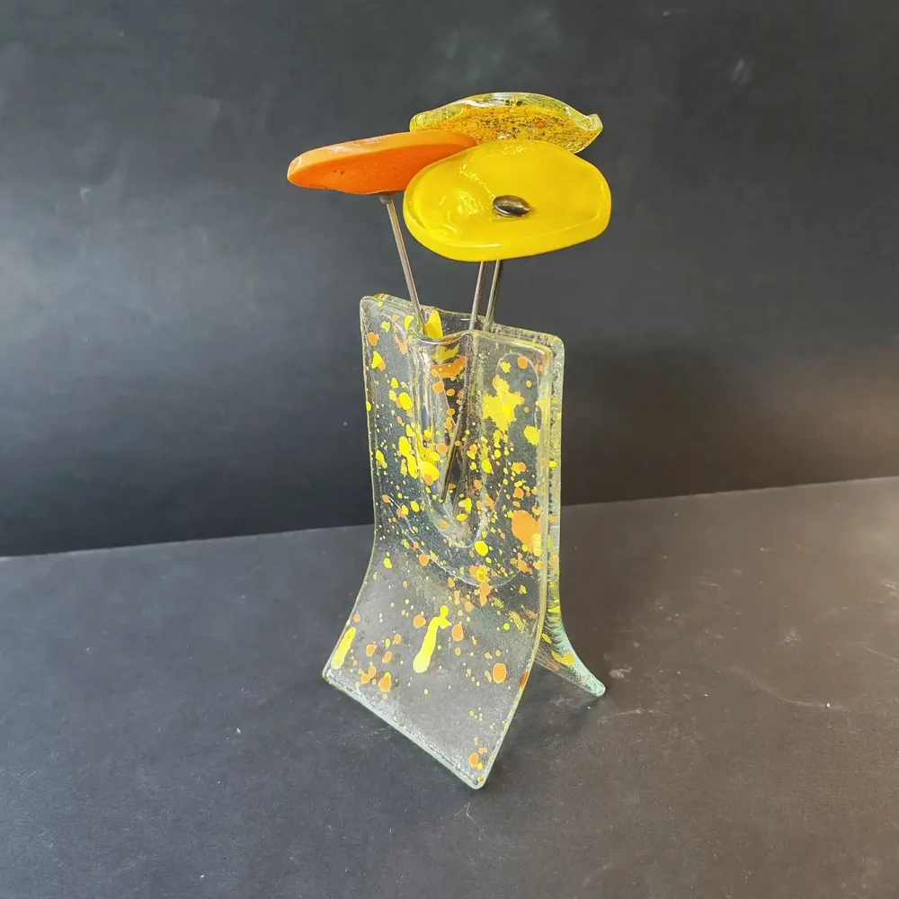 Vases - Small transparent 8x13 cm yellow-orange spotty vase with 3 small flowers - CARNEOL GLASS