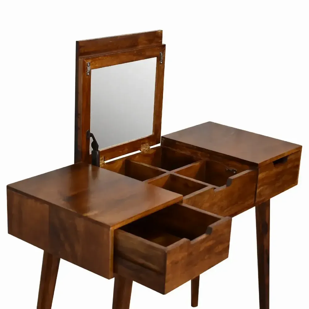 Autres tables  - Artisan Furniture Coiffeuse Pliable en Bois Massif Châtaignier, 2 Tiroirs, 4 Compartiments de Rangement avec Miroir, Marron Foncé - ARTISAN FURNITURE