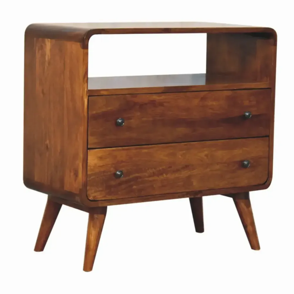 Chests of drawers - Artisan Furniture Solid Wood Curved Nordic Charm Chest, 2 Drawers, 1 Open Slot, Dark Brown - ARTISAN FURNITURE