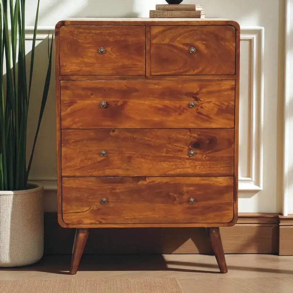 Chests of drawers - Artisan Furniture Solid Wood 2 over 3 Curved Chestnut Chest, Nordic Legs, Dark Brown - ARTISAN FURNITURE