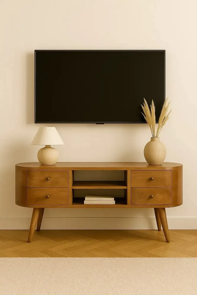 TV stands - Artisan Furniture Solid Wood Rounded Entertainment Unit, 4 Drawers, 2 Shelves, Brown - ARTISAN FURNITURE