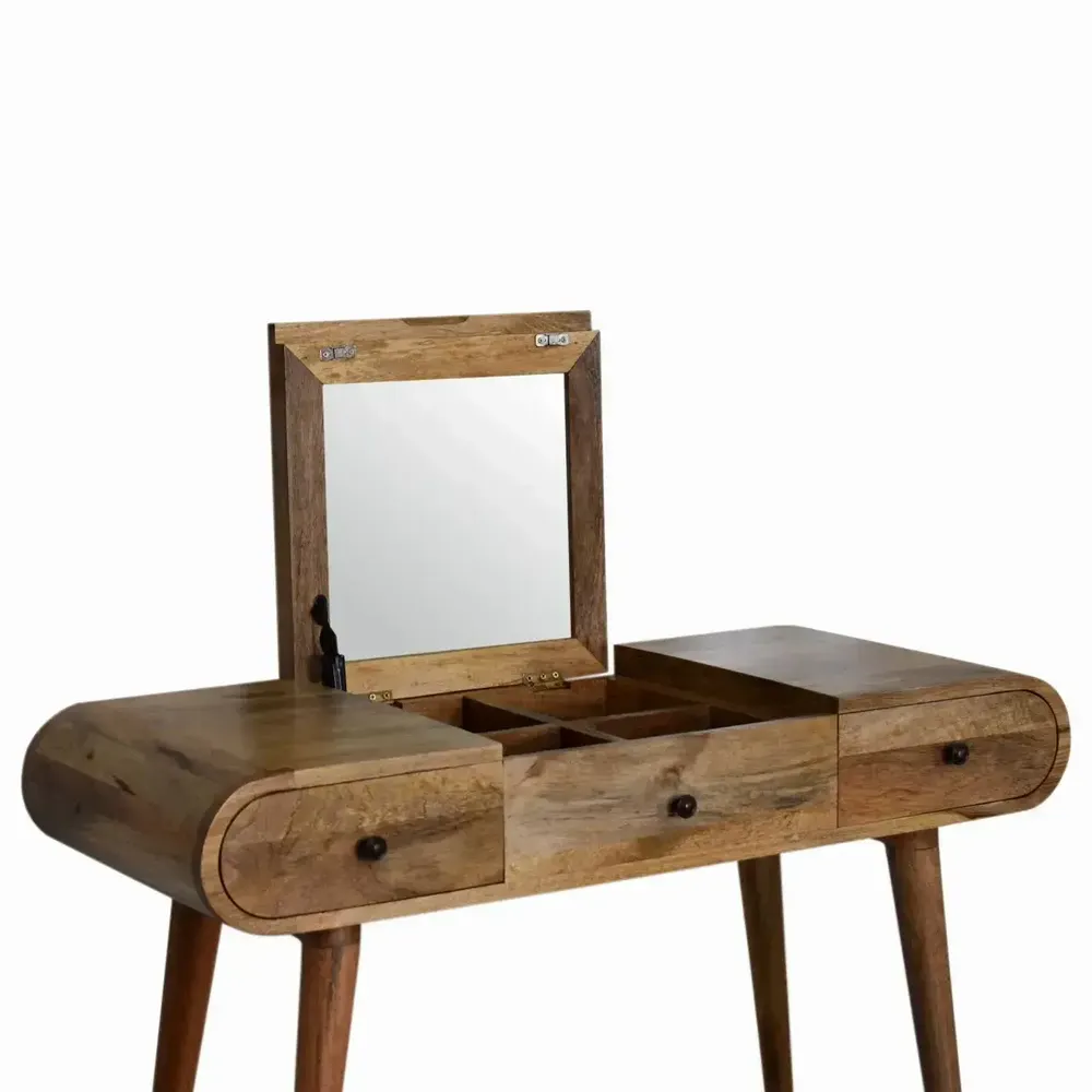 Other tables - Artisan Furniture Solid Wood Oak-ish Round Dressing Table, 3 Drawers and Foldable Mirror, Beige - ARTISAN FURNITURE