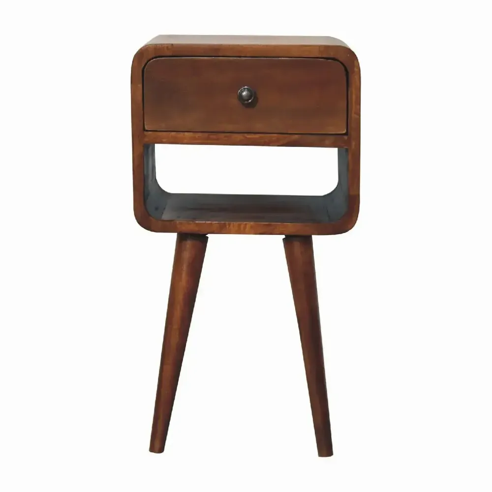 Night tables - Artisan Furniture Solid Wood Mini Chestnut Curve Lower Nightstand, 1 Drawer and Open Slot, Dark Brown - ARTISAN FURNITURE