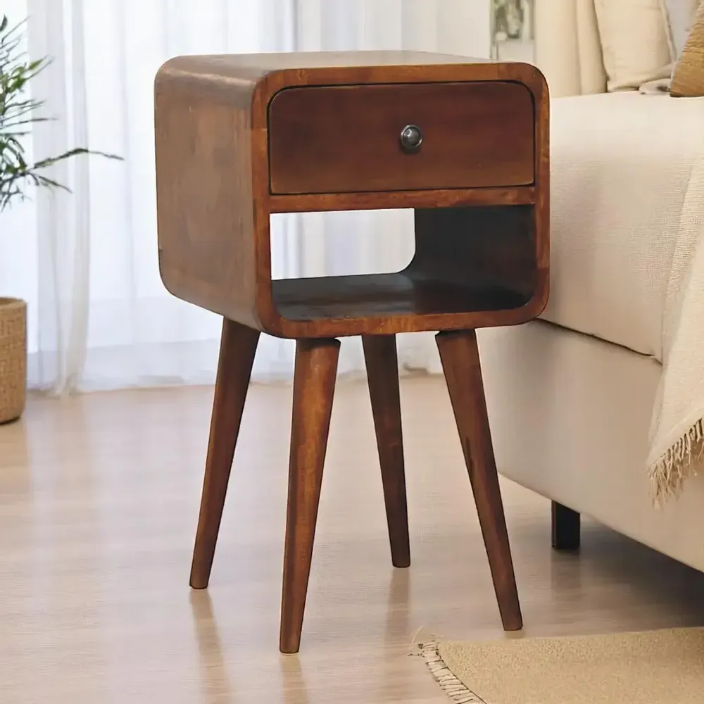 Night tables - Artisan Furniture Solid Wood Mini Chestnut Curve Lower Nightstand, 1 Drawer and Open Slot, Dark Brown - ARTISAN FURNITURE