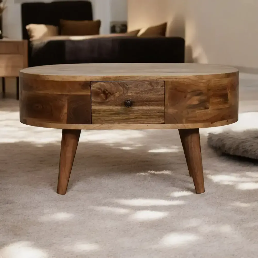 Coffee tables - Artisan Furniture Solid Wood Mini Oak-ish Rounded Coffee Table, 2 Drawers, Brown - ARTISAN FURNITURE