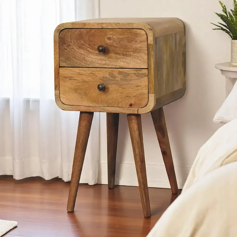 Night tables - Artisan Furniture Solid Wood Mini Oak-ish Curved Nightstand, 2 Drawers, Beige - ARTISAN FURNITURE