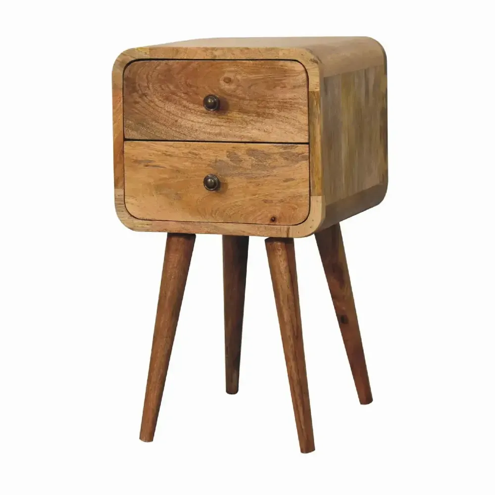 Night tables - Artisan Furniture Solid Wood Mini Oak-ish Curved Nightstand, 2 Drawers, Beige - ARTISAN FURNITURE