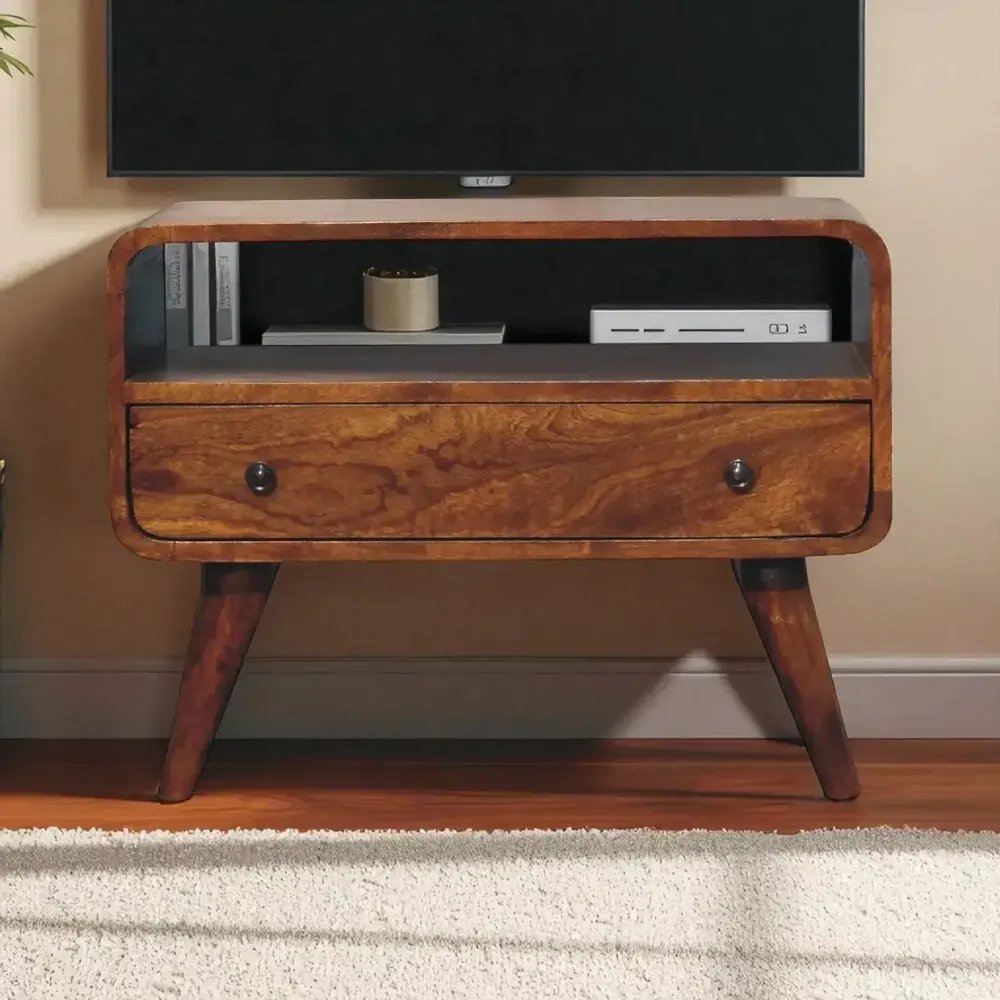 Meubles TV - Artisan Furniture en bois massif Mini Commodenut Courbé Meuble TV, 1 Tiroir, 1 Niche ouverte, Marron Foncé - ARTISAN FURNITURE