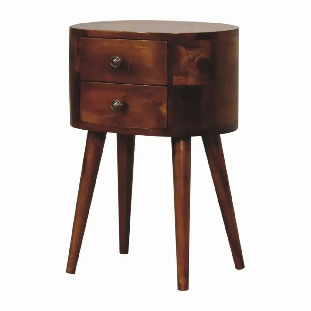 Night tables - Artisan Furniture Solid Wood Mini Chestnut Rounded Nightstand Table, 2 Drawers, Dark Brown - ARTISAN FURNITURE