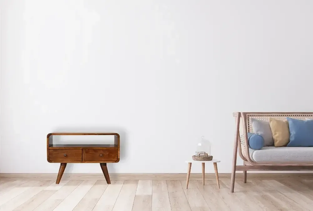 TV stands - Artisan Furniture Solid Wood Mini Chestnut Curved Media Unit, 2 Drawers and Open Slot, Dark Brown - ARTISAN FURNITURE