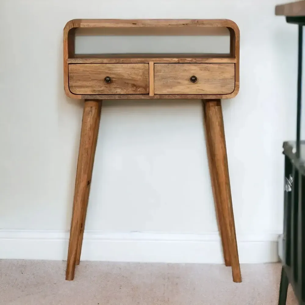 Console table - Artisan Furniture Solid Wood Mini Curved Oak-ish Console Table, 2 Drawers and Open Slot, Brown - ARTISAN FURNITURE