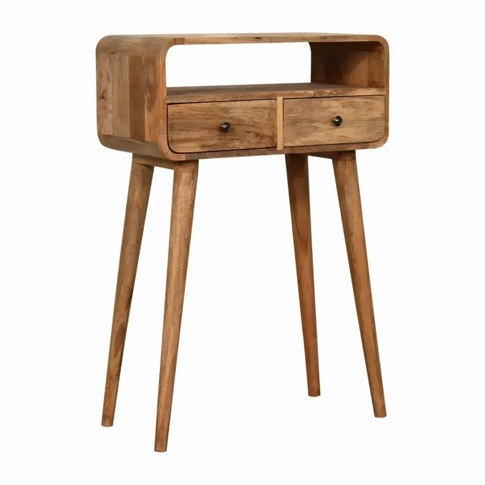 Console table - Artisan Furniture Solid Wood Mini Curved Oak-ish Console Table, 2 Drawers and Open Slot, Brown - ARTISAN FURNITURE
