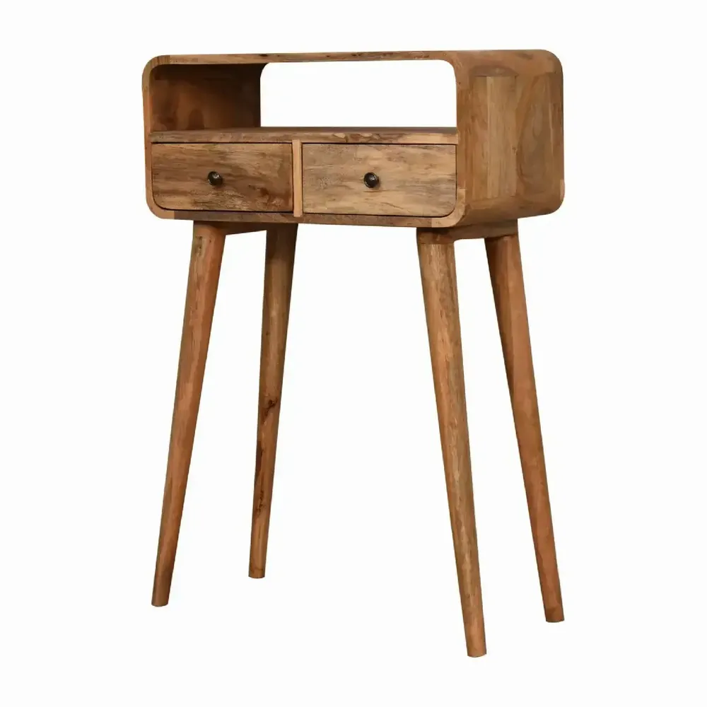 Console table - Artisan Furniture Solid Wood Mini Curved Oak-ish Console Table, 2 Drawers and Open Slot, Brown - ARTISAN FURNITURE