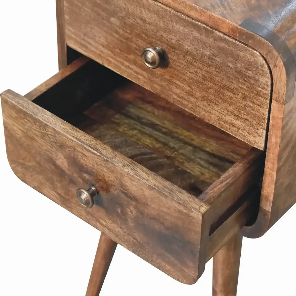 Night tables - Artisan Furniture Solid Wood Mini Curved Grey Washed Nightstand, 2 Drawers, Brown - ARTISAN FURNITURE