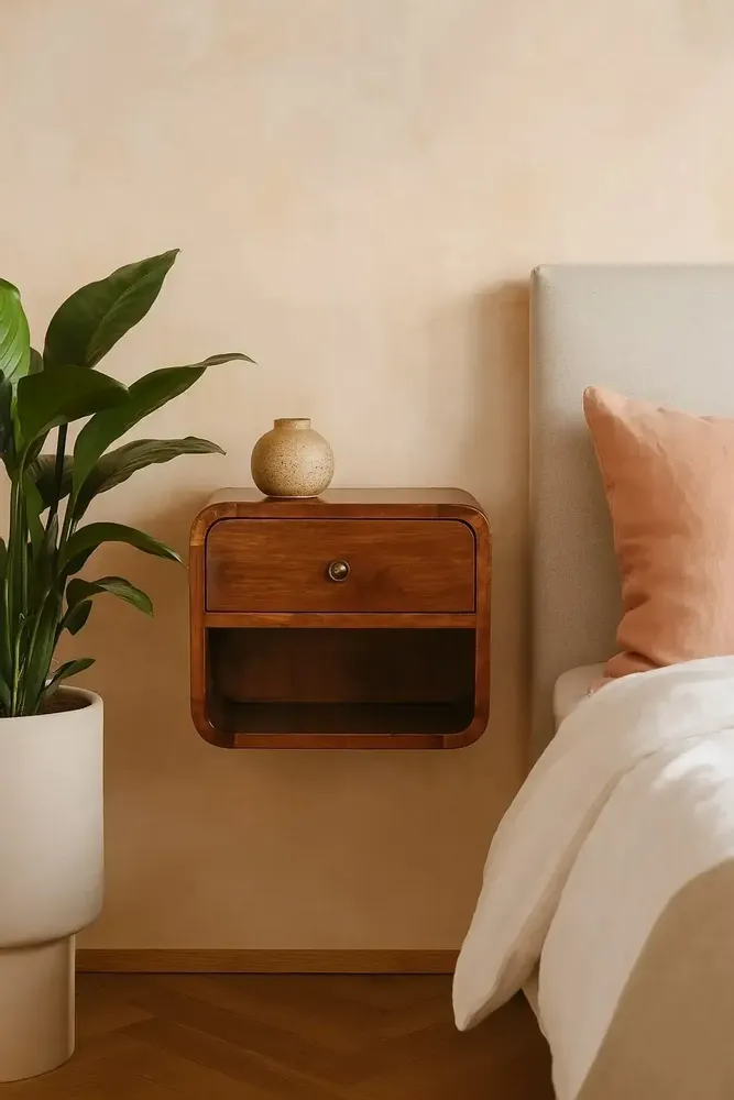 Night tables - Artisan Furniture Solid Wood Mini Curve Floating Nightstand, 1 Drawer and Open Slot, Dark Brown - ARTISAN FURNITURE