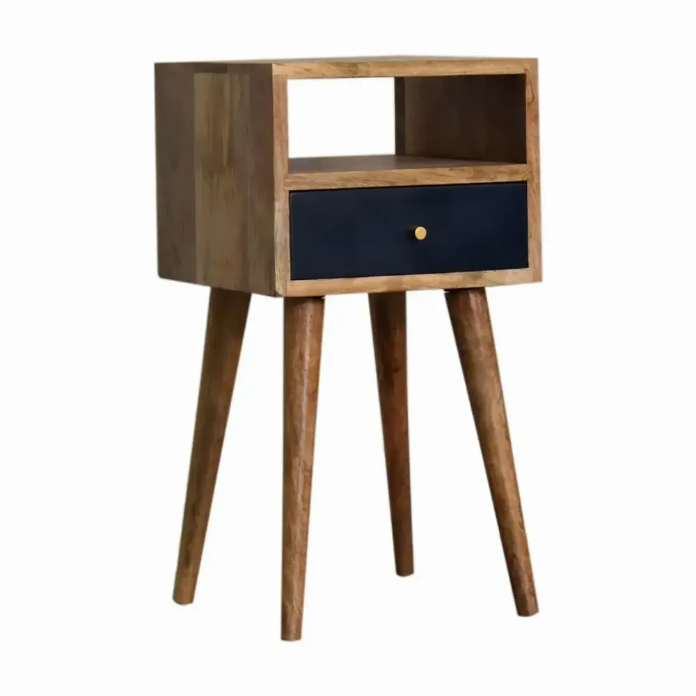 Night tables - Artisan Furniture Solid Wood Mini Navy Blue Hand Painted Nightstand, 1 Drawer and Open Shelf, Light Brown - ARTISAN FURNITURE