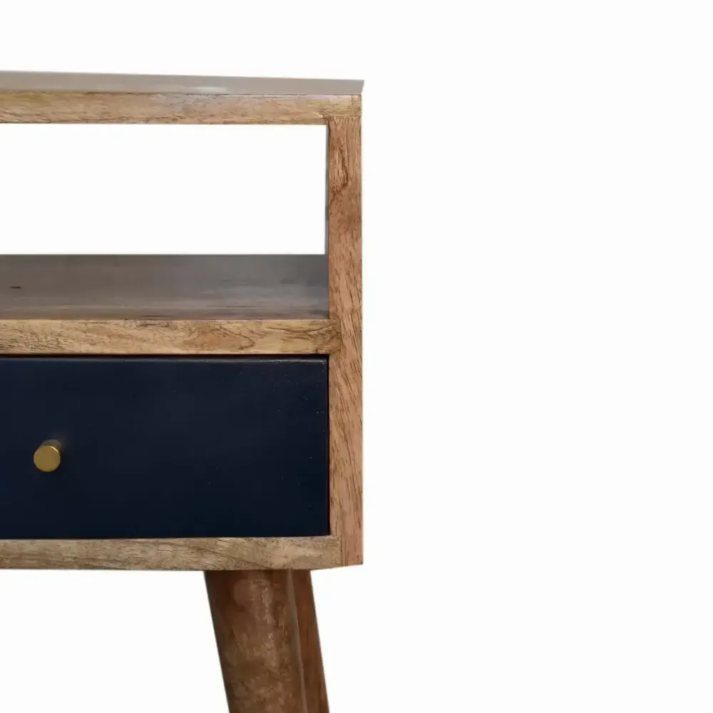Night tables - Artisan Furniture Solid Wood Mini Navy Blue Hand Painted Nightstand, 1 Drawer and Open Shelf, Light Brown - ARTISAN FURNITURE