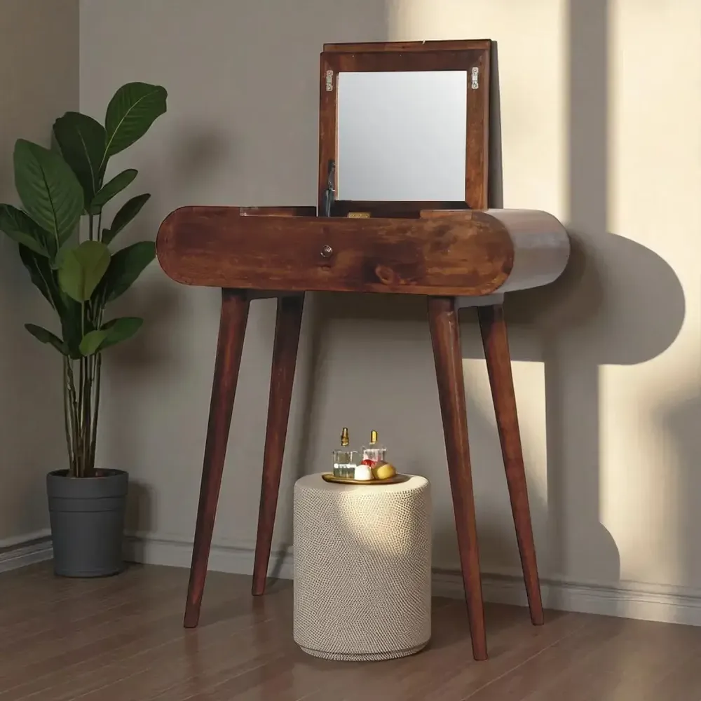 Autres tables  - Artisan Furniture en bois massif Mini Rond Commodenut coiffeuse pliante, 4 Rangement Compartments avec Miroir, Marron Foncé - ARTISAN FURNITURE