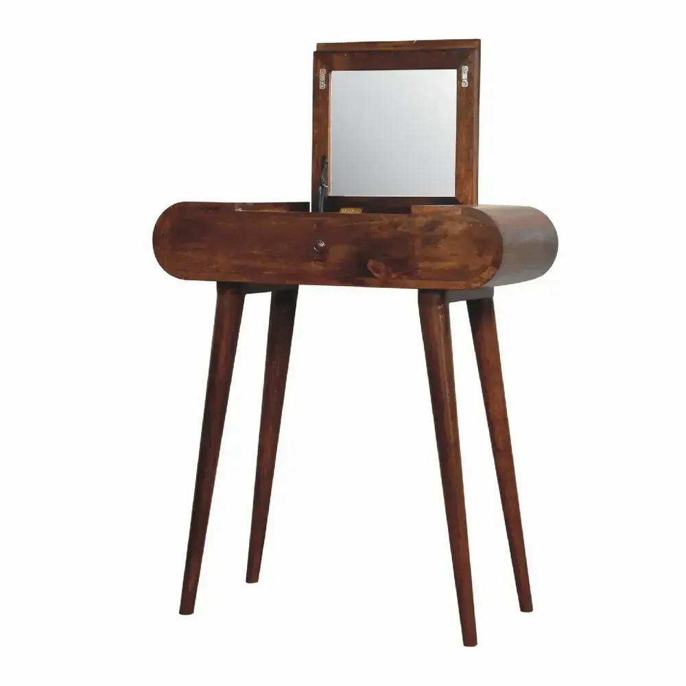 Autres tables  - Artisan Furniture en bois massif Mini Rond Commodenut coiffeuse pliante, 4 Rangement Compartments avec Miroir, Marron Foncé - ARTISAN FURNITURE