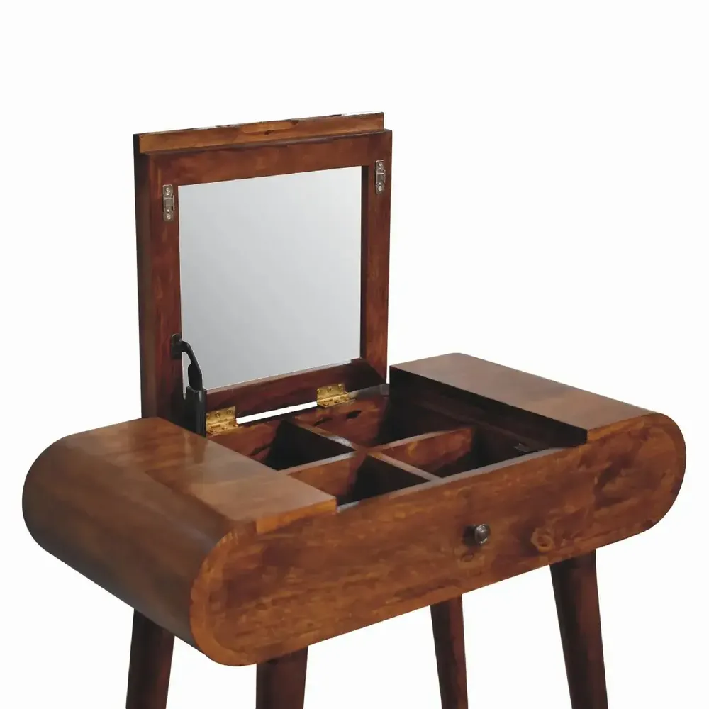 Autres tables  - Artisan Furniture en bois massif Mini Rond Commodenut coiffeuse pliante, 4 Rangement Compartments avec Miroir, Marron Foncé - ARTISAN FURNITURE