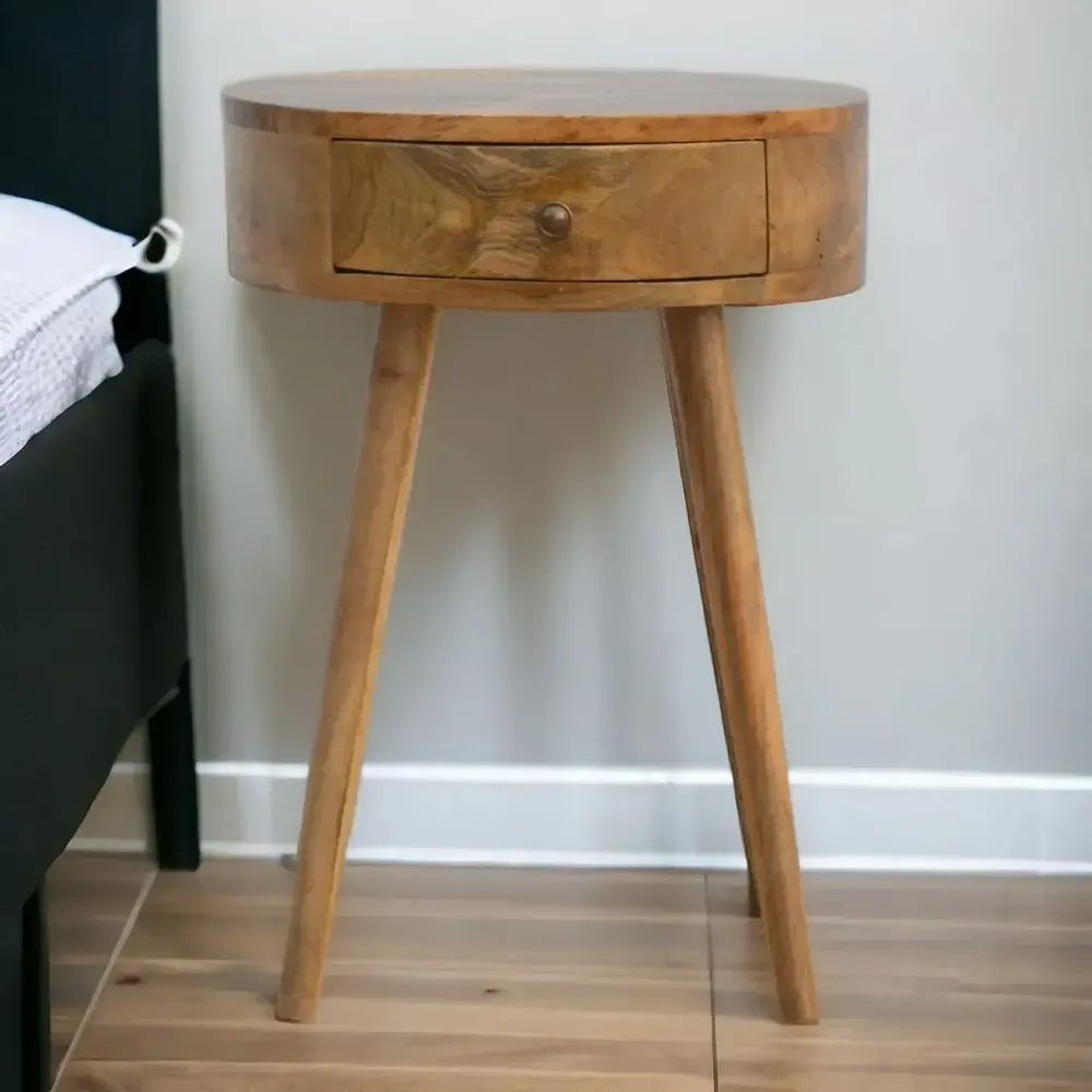 Night tables - Artisan Furniture Solid Wood Nordic Circular Shaped Nightstand, 1 Drawer, Beige - ARTISAN FURNITURE