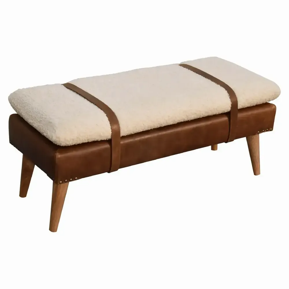 Bancs - Artisan Furniture en bois massif Rembourré Bouclé Buffalo Hide Leather Banc, Beige - ARTISAN FURNITURE