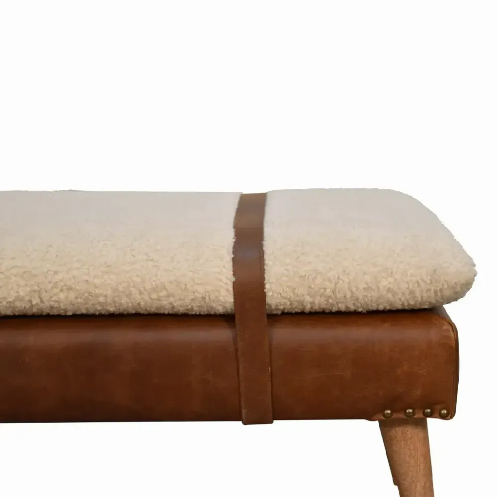 Bancs - Artisan Furniture en bois massif Rembourré Bouclé Buffalo Hide Leather Banc, Beige - ARTISAN FURNITURE