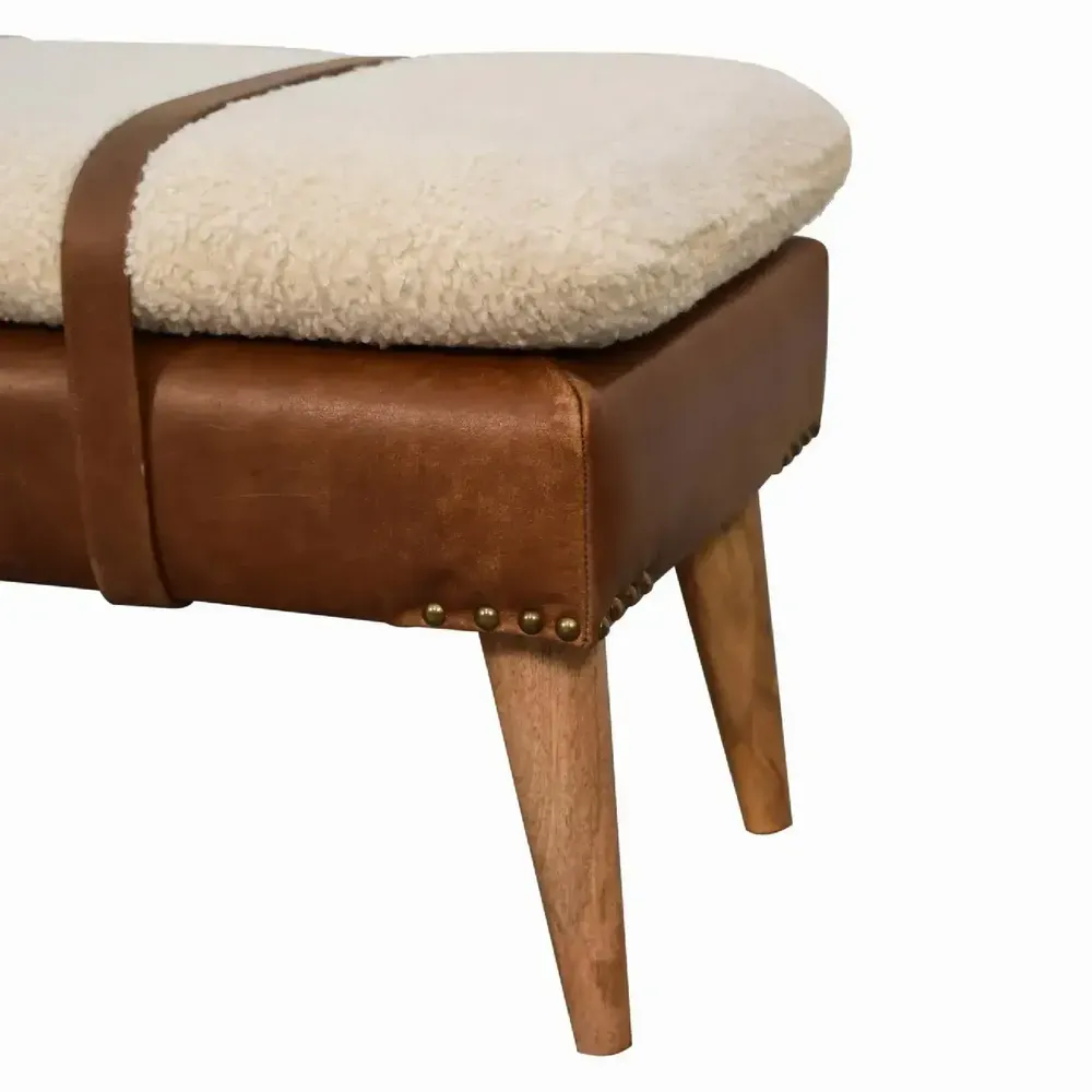 Bancs - Artisan Furniture en bois massif Rembourré Bouclé Buffalo Hide Leather Banc, Beige - ARTISAN FURNITURE