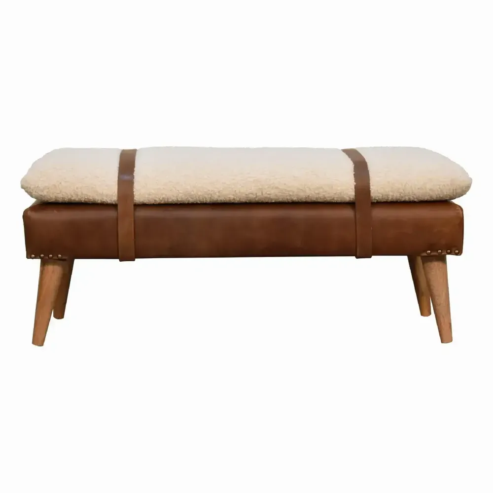 Bancs - Artisan Furniture en bois massif Rembourré Bouclé Buffalo Hide Leather Banc, Beige - ARTISAN FURNITURE