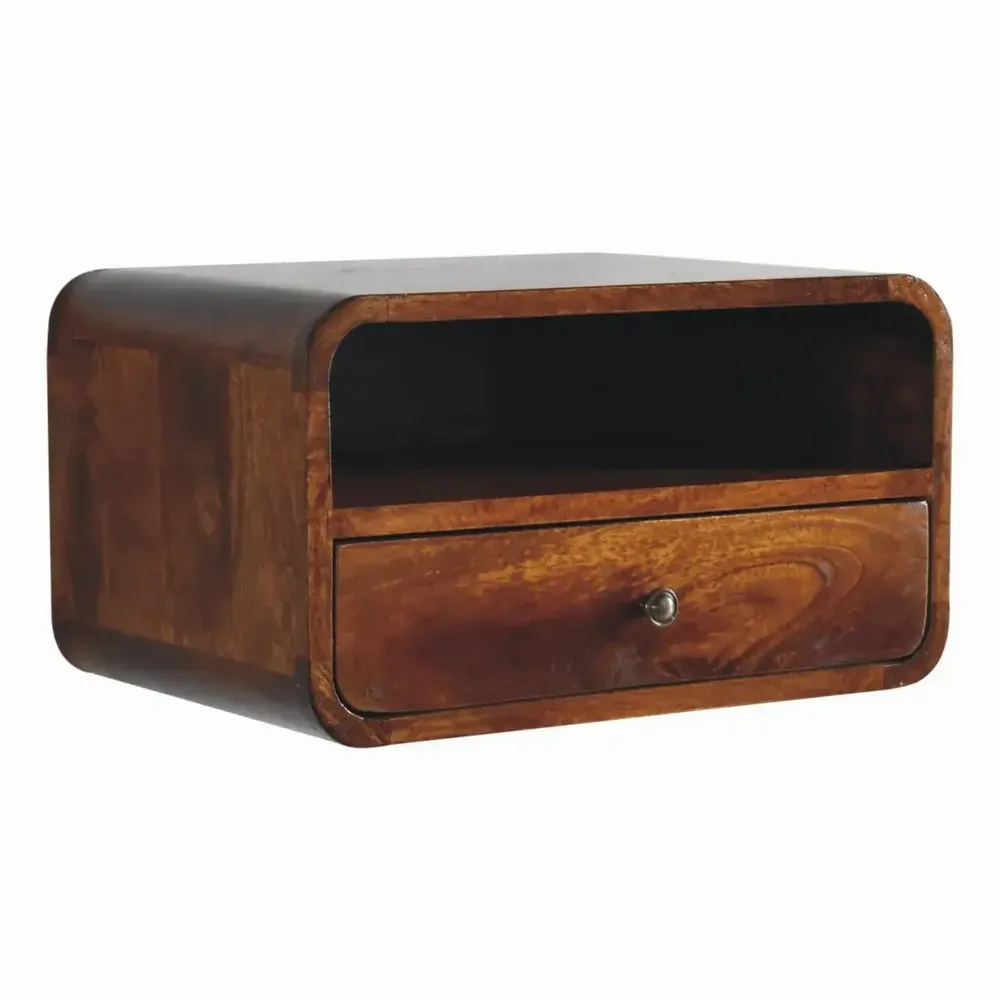 Night tables - Artisan Furniture Solid Wood Large Chestnut Curve Floating Nightstand, 1 Drawer and Open Slot, Dark Brown - ARTISAN FURNITURE