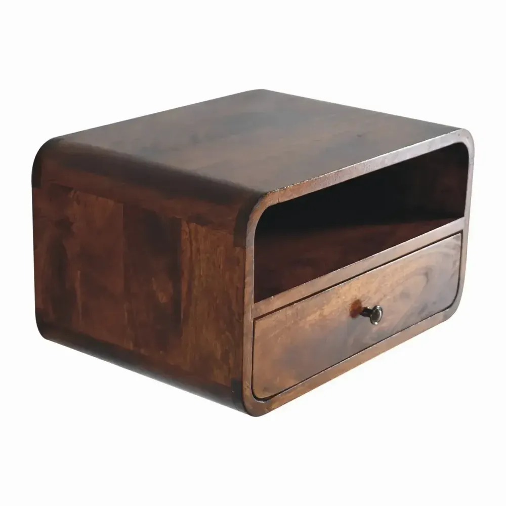 Night tables - Artisan Furniture Solid Wood Large Chestnut Curve Floating Nightstand, 1 Drawer and Open Slot, Dark Brown - ARTISAN FURNITURE