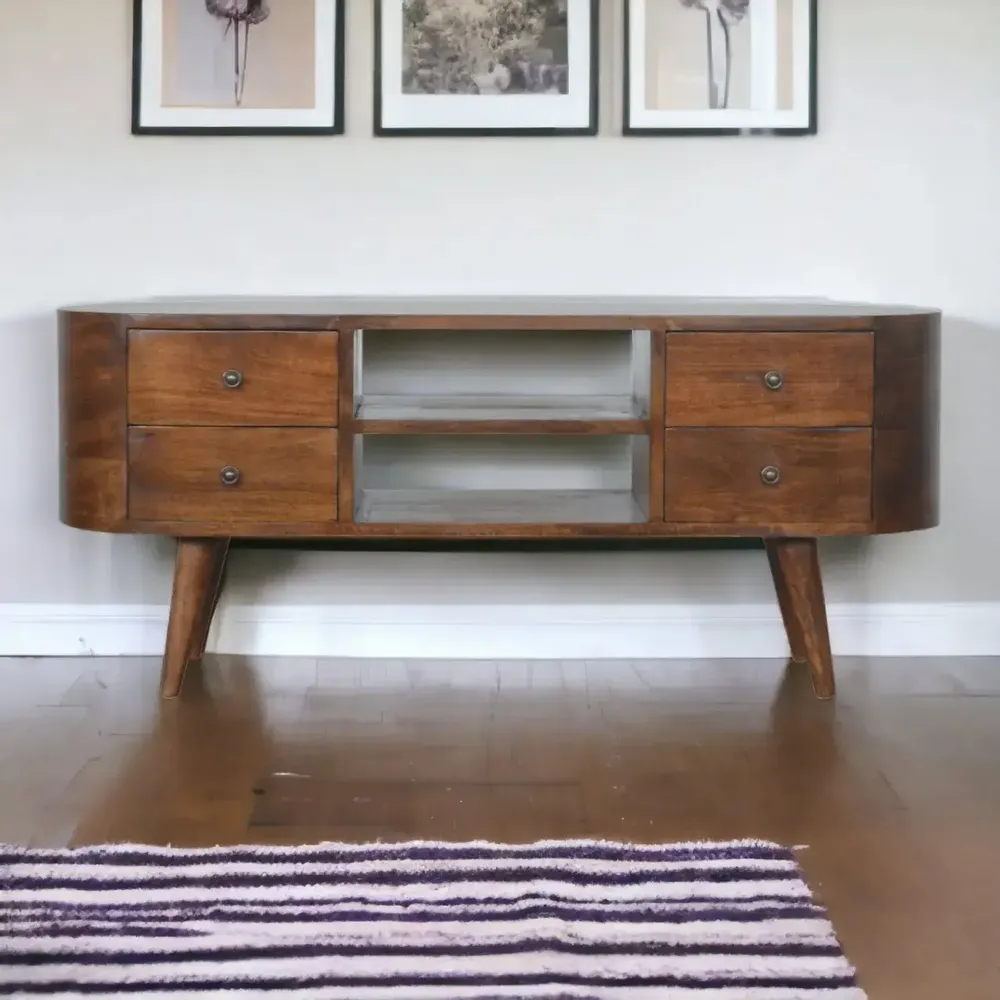 Meubles TV - Artisan Furniture Meuble TV Arrondi en Châtaignier, 4 Tiroirs, 2 Fentes Ouvertes, Marron Foncé - ARTISAN FURNITURE