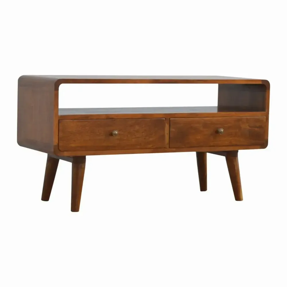 TV stands - Artisan Furniture Solid Wood Curved Chestnut Media Unit, 2 Drawers, 1 Open Slot, Dark Brown - ARTISAN FURNITURE