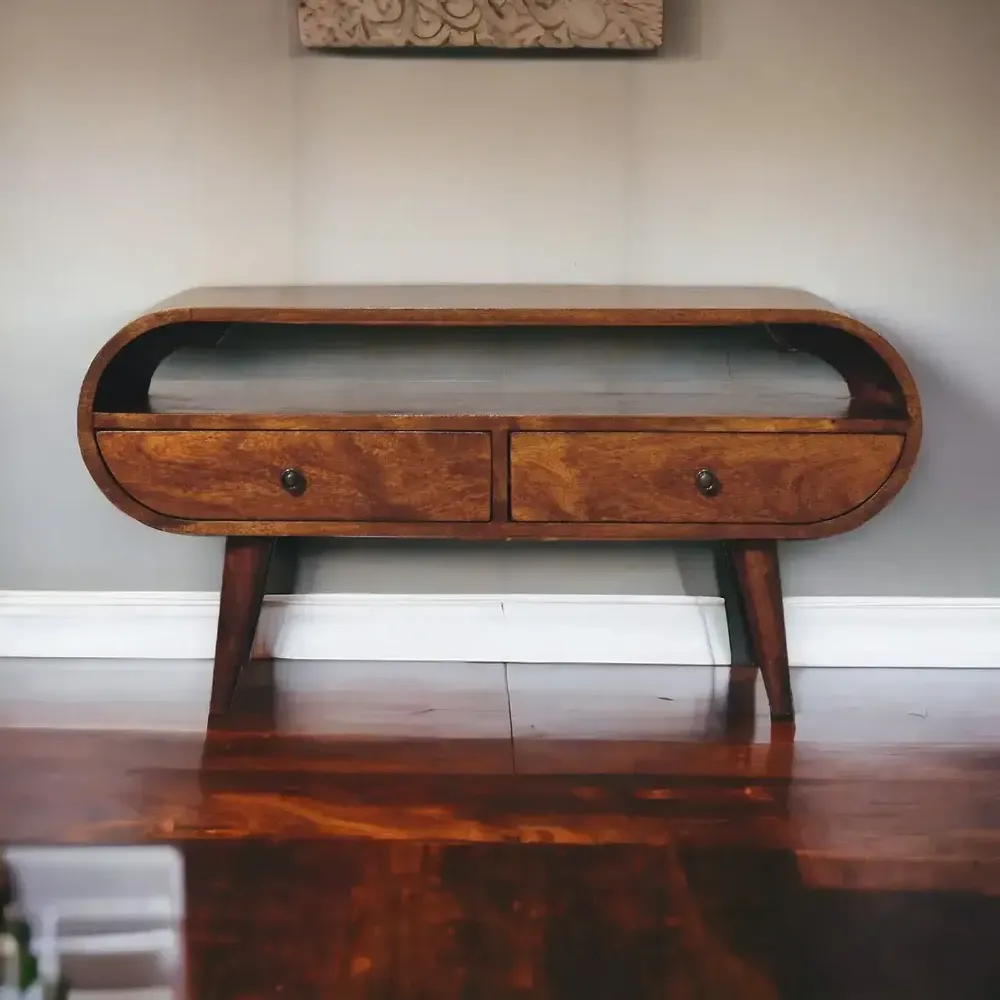 TV stands - Artisan Furniture Solid Wood Chestnut Circular TV Stand, 2 Drawers, 1 Open Slot, Dark Brown - ARTISAN FURNITURE