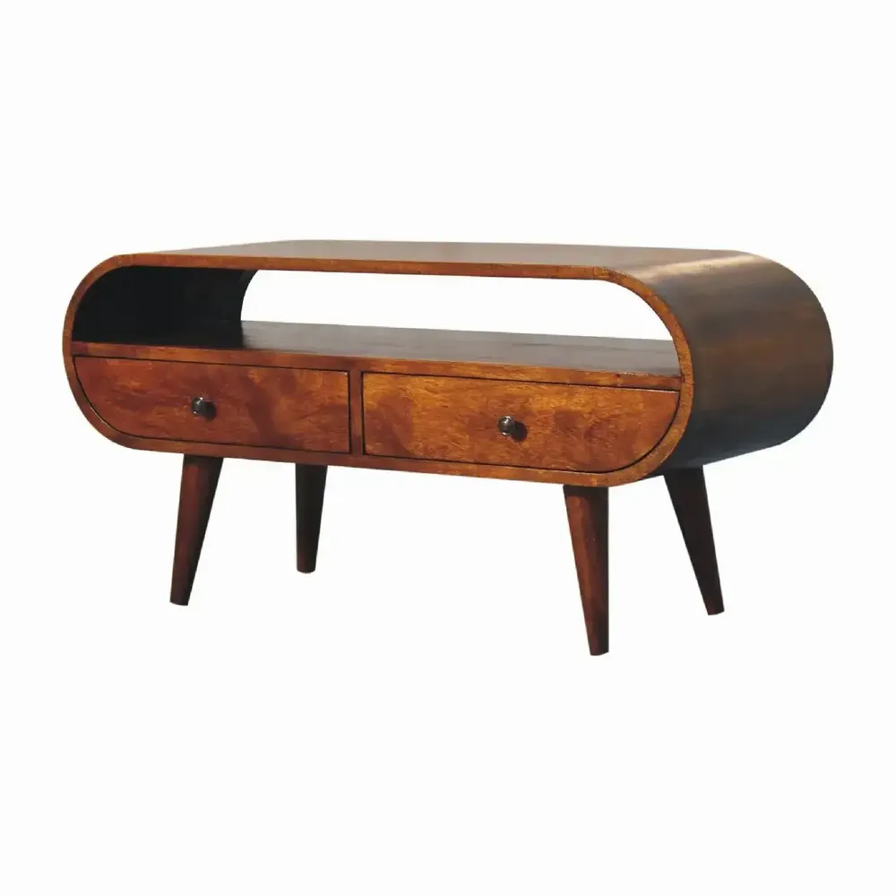 TV stands - Artisan Furniture Solid Wood Chestnut Circular TV Stand, 2 Drawers, 1 Open Slot, Dark Brown - ARTISAN FURNITURE