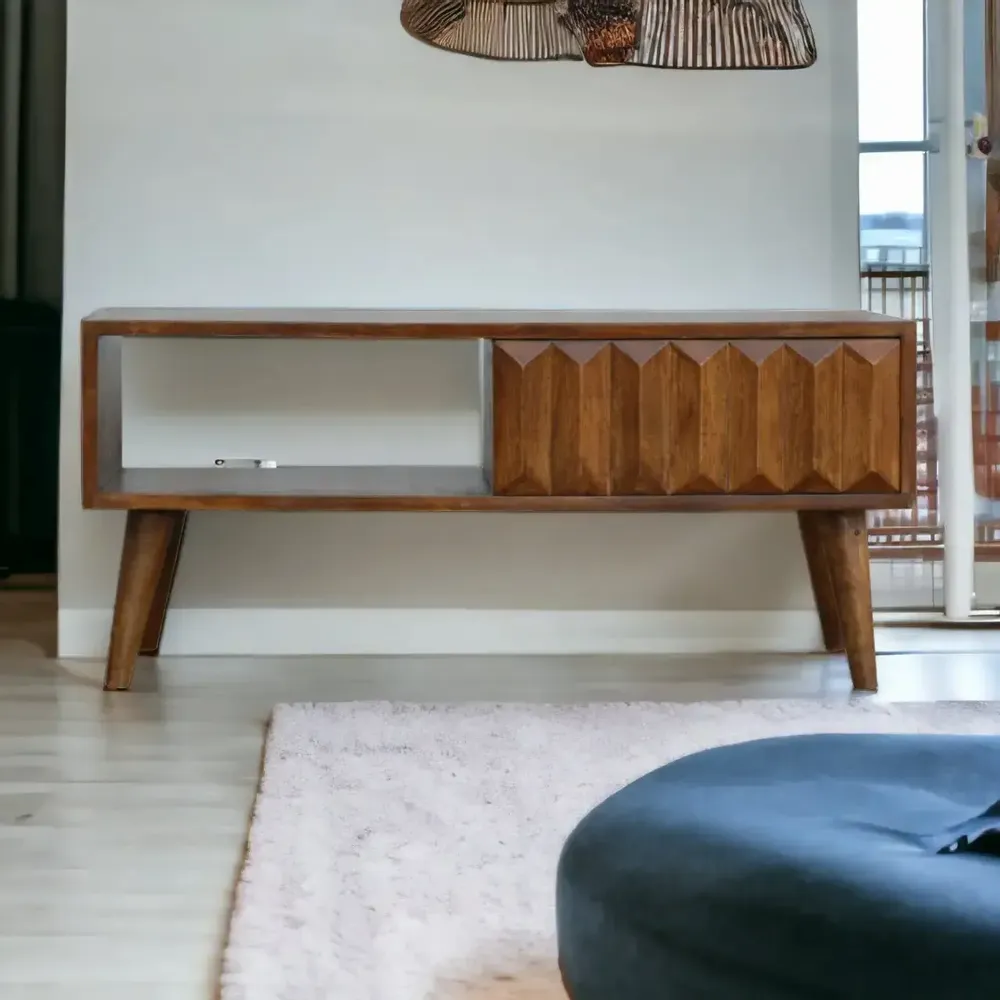 TV stands - Artisan Furniture Solid Wood Chestnut Prism Sliding Media Unit, Open Slot, Dark Brown - ARTISAN FURNITURE