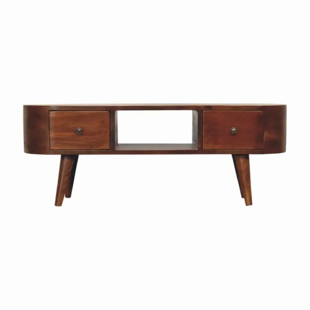 TV stands - Artisan Furniture Solid Wood Chestnut Round Open Media Unit, 2 Drawers, 1 Open Slot, Dark Brown - ARTISAN FURNITURE