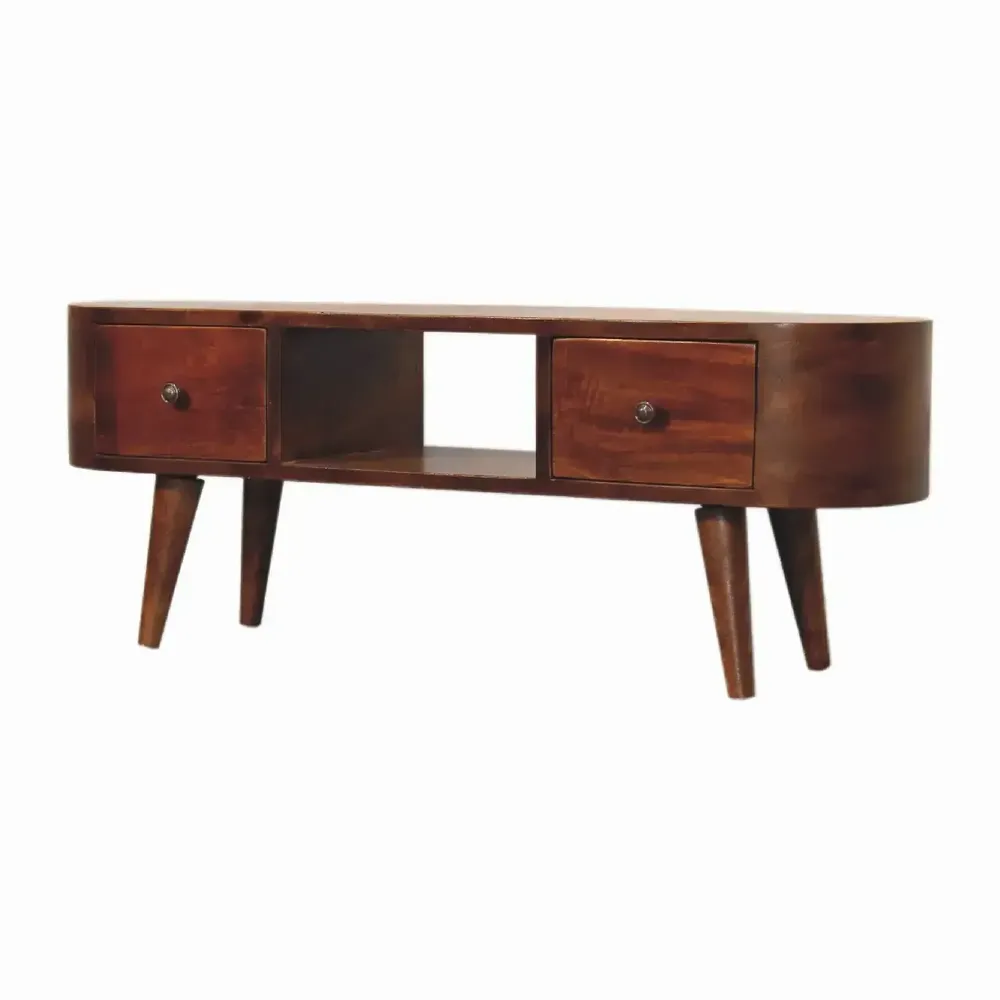 TV stands - Artisan Furniture Solid Wood Chestnut Round Open Media Unit, 2 Drawers, 1 Open Slot, Dark Brown - ARTISAN FURNITURE