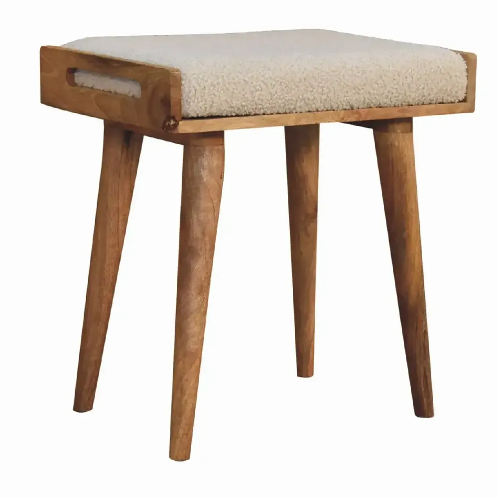 Stools - Artisan Furniture Solid Wood Boucle Cream Tray Style Footstool, Upholstered, Nordic Legs, Beige and Brown - ARTISAN FURNITURE