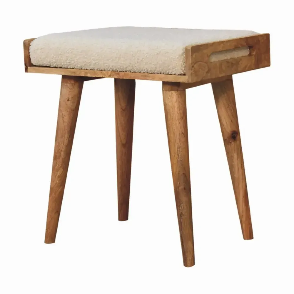 Stools - Artisan Furniture Solid Wood Boucle Cream Tray Style Footstool, Upholstered, Nordic Legs, Beige and Brown - ARTISAN FURNITURE