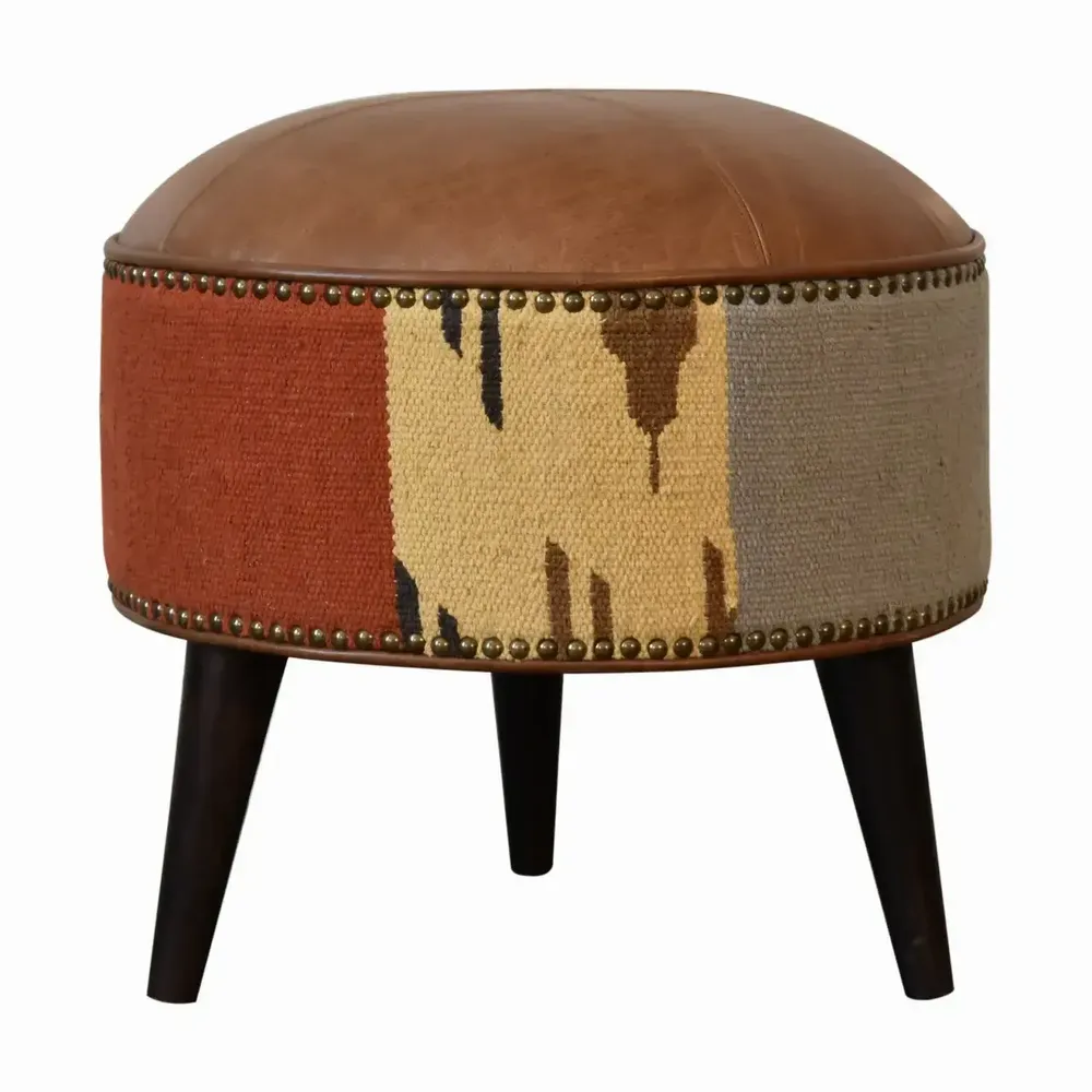 Ottomans - Artisan Furniture Solid Wood Durrie and Leather Mixed Footstool, Bohemian Look, Multicolor - ARTISAN FURNITURE