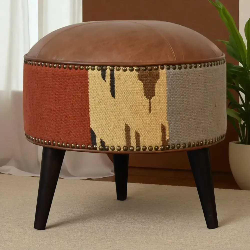Ottomans - Artisan Furniture Solid Wood Durrie and Leather Mixed Footstool, Bohemian Look, Multicolor - ARTISAN FURNITURE