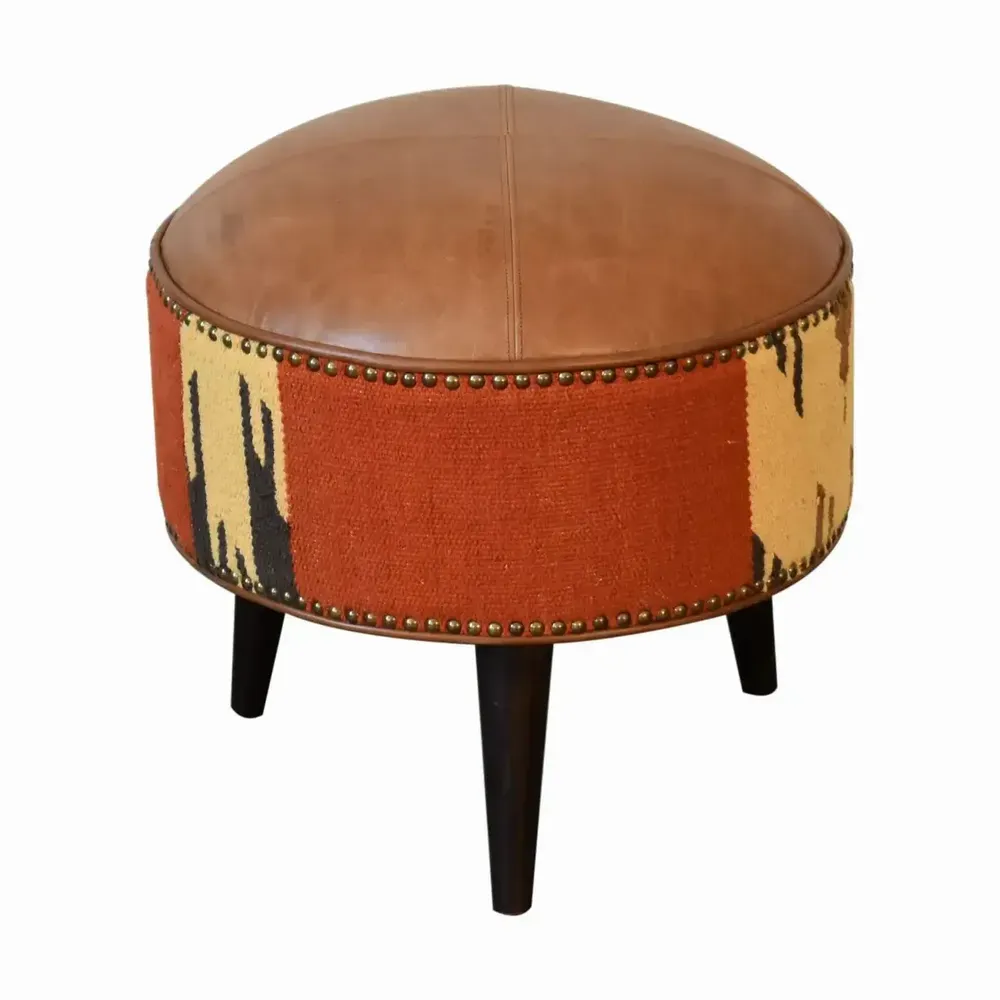 Ottomans - Artisan Furniture Solid Wood Durrie and Leather Mixed Footstool, Bohemian Look, Multicolor - ARTISAN FURNITURE