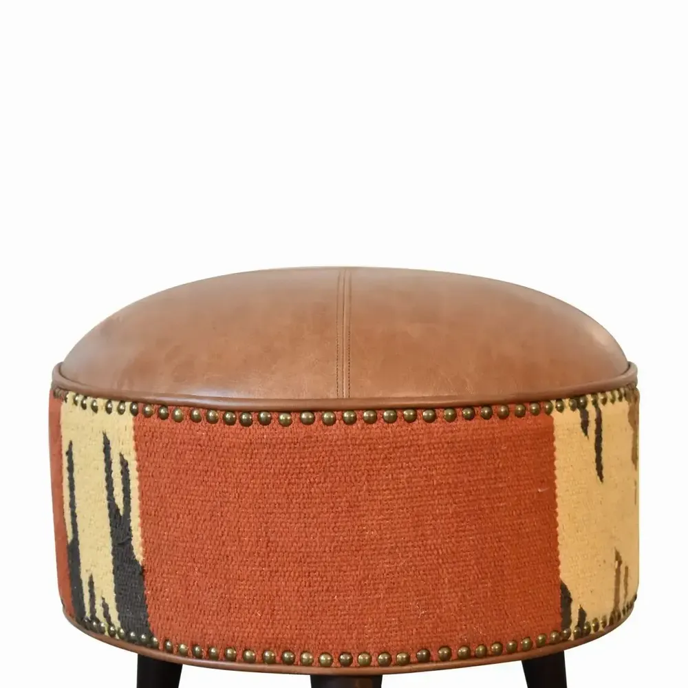 Ottomans - Artisan Furniture Solid Wood Durrie and Leather Mixed Footstool, Bohemian Look, Multicolor - ARTISAN FURNITURE