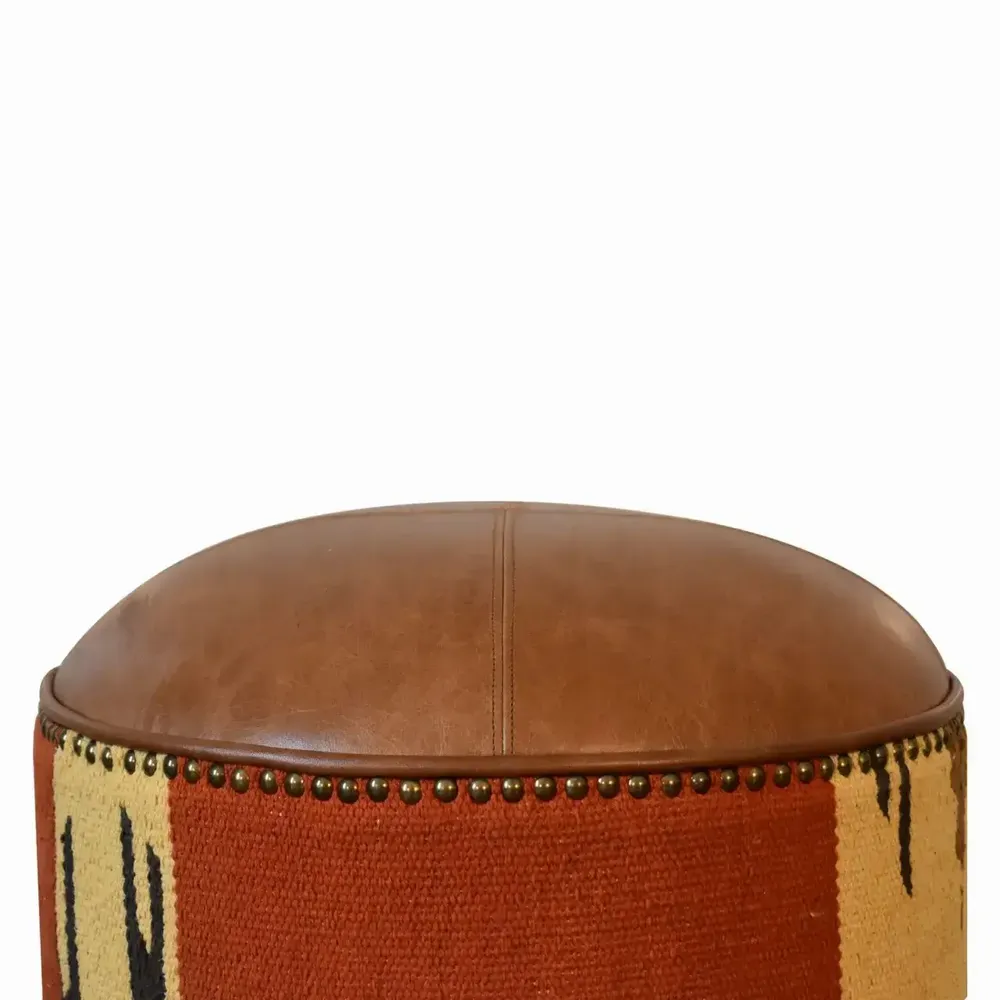 Ottomans - Artisan Furniture Solid Wood Durrie and Leather Mixed Footstool, Bohemian Look, Multicolor - ARTISAN FURNITURE
