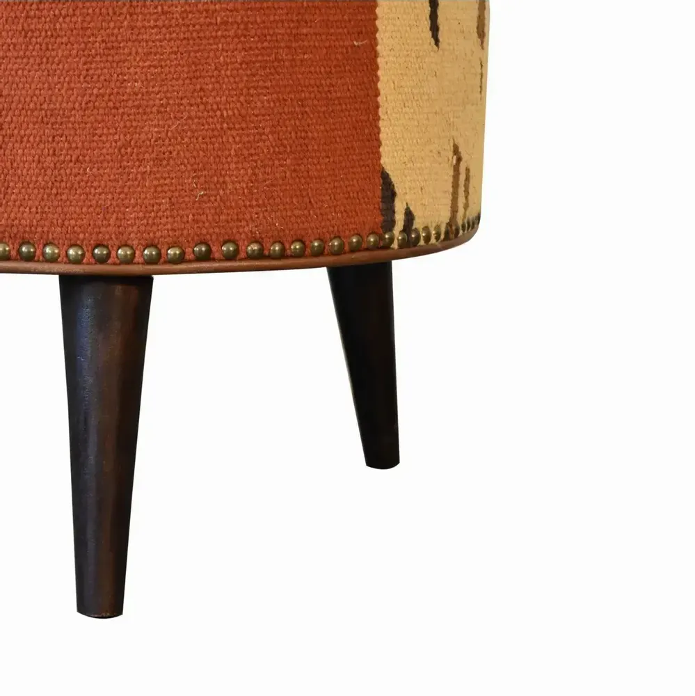 Ottomans - Artisan Furniture Solid Wood Durrie and Leather Mixed Footstool, Bohemian Look, Multicolor - ARTISAN FURNITURE