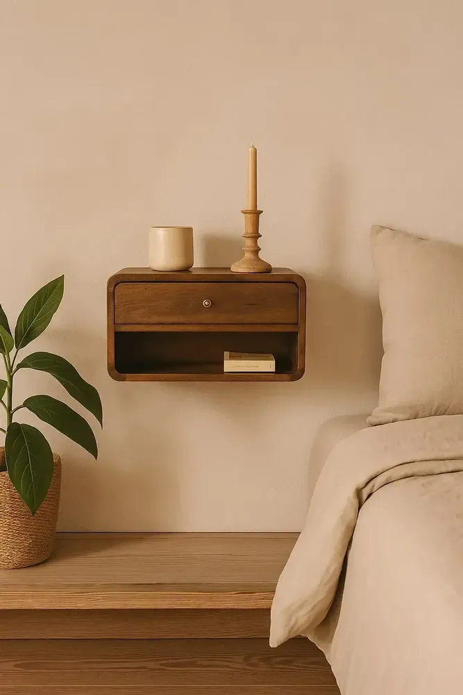 Tables de nuit - Artisan Furniture Table de Nuit Murale Courbe en Châtaignier, 1 Tiroir et Étagère Ouverte, Marron Foncé - ARTISAN FURNITURE