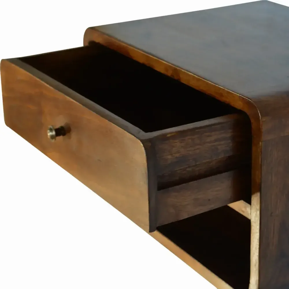 Tables de nuit - Artisan Furniture Table de Nuit Murale Courbe en Châtaignier, 1 Tiroir et Étagère Ouverte, Marron Foncé - ARTISAN FURNITURE